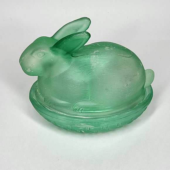 Accents Green Glass Bunny Rabbit On Basket Trinket Box Vintage Poshmark